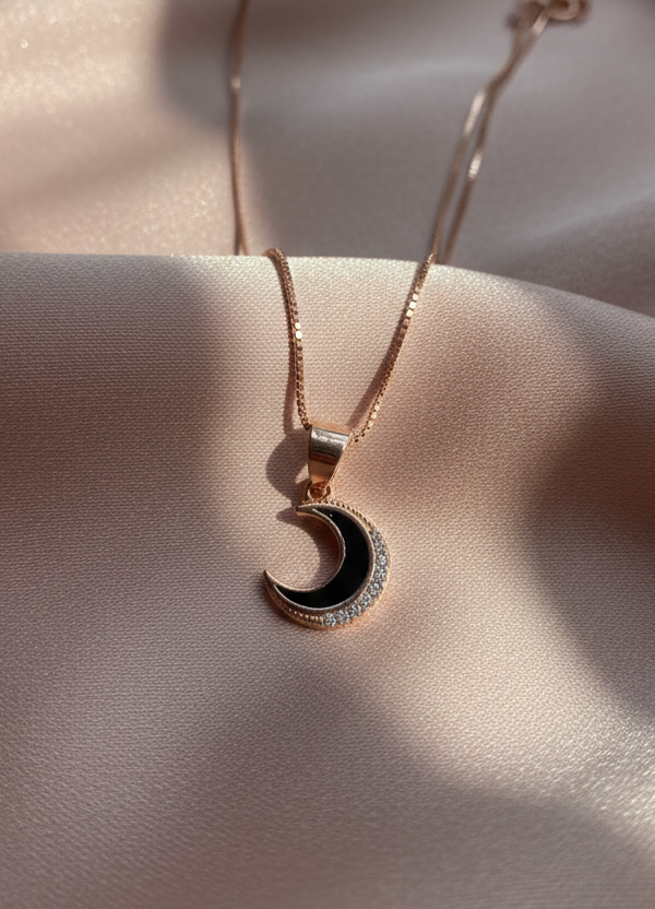 925 Sterling Silver Rose Gold Black Crescent Moon Necklace