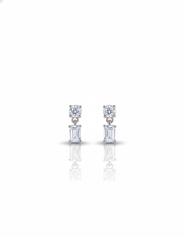 The Crystal Cascade: Silver Rhodium Drop Earrings with Emerald Cut Stone