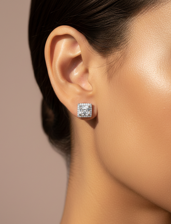 925 Sterling Silver Princess Cut Halo Stud Earrings