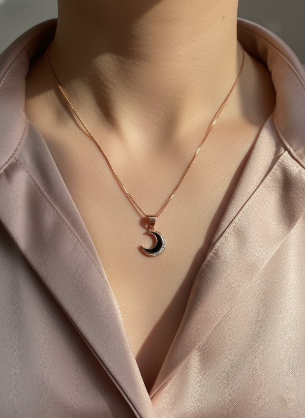925 Sterling Silver Rose Gold Black Crescent Moon Necklace