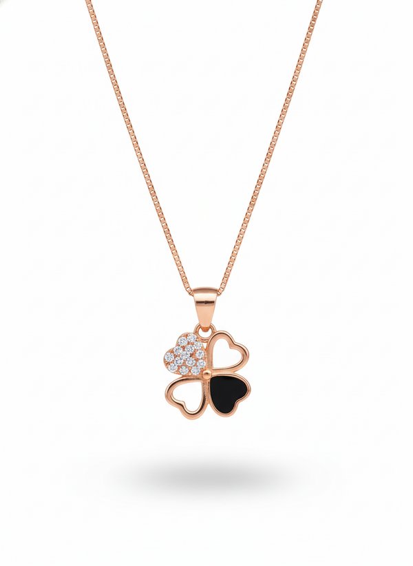 925 Sterling Silver Rose Gold Lucky Clover Heart Necklace (Black Onyx)