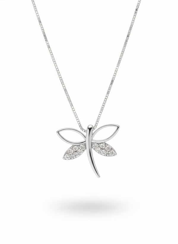 925 Sterling Silver Crystal Dragonfly Pendant Necklace (Box Chain)