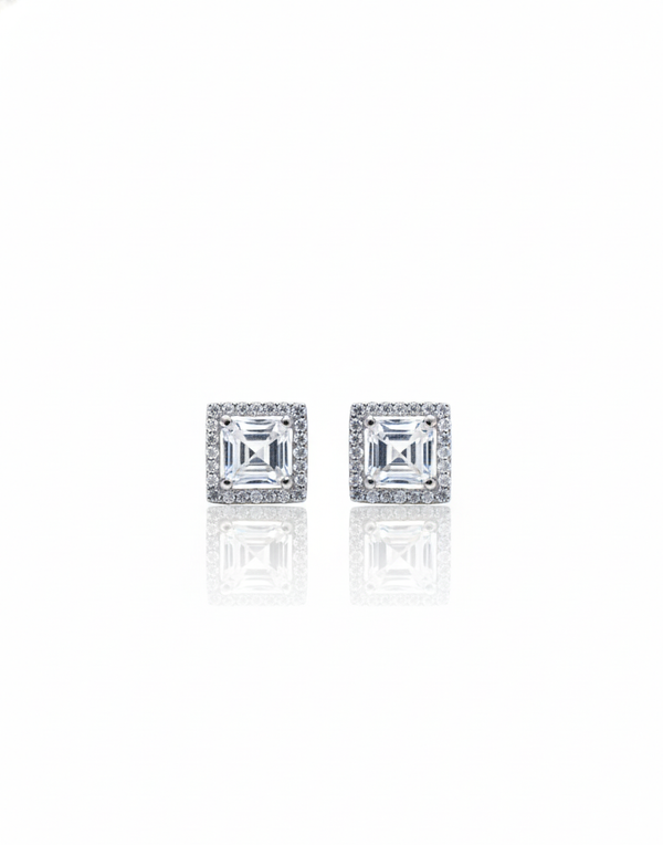 925 Sterling Silver Princess Cut Halo Stud Earrings