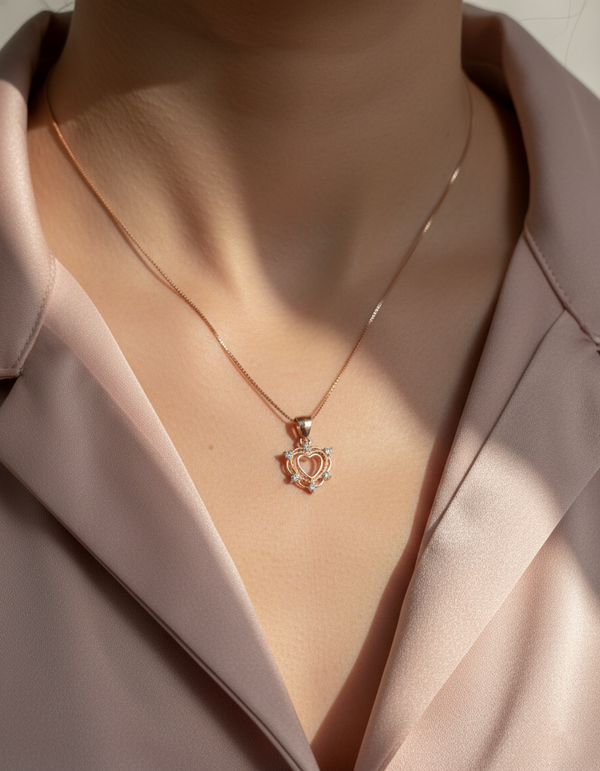925 Sterling Silver Rose Gold Vintage Open Heart Necklace (Box Chain)