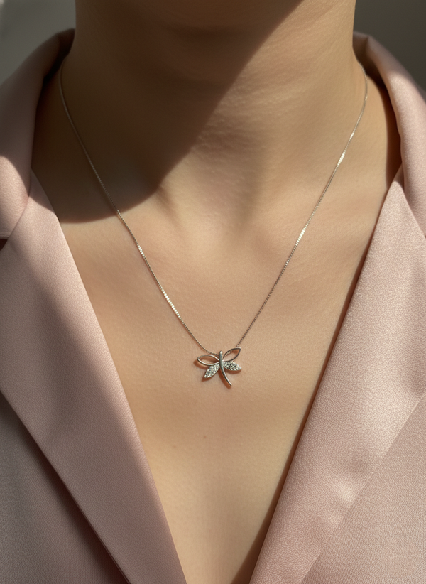 925 Sterling Silver Crystal Dragonfly Pendant Necklace (Box Chain)