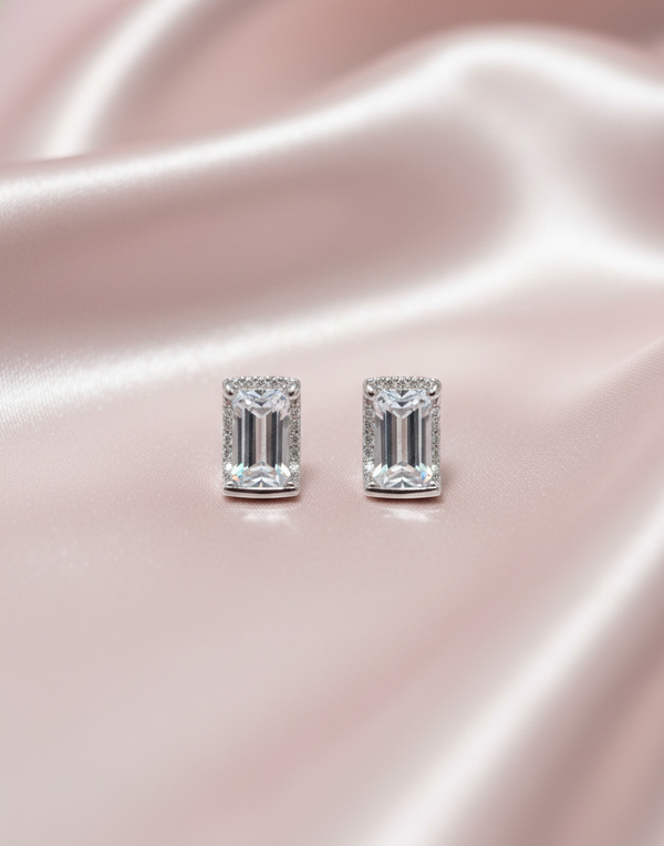 925 Sterling Silver Emerald Cut Halo Stud Earrings
