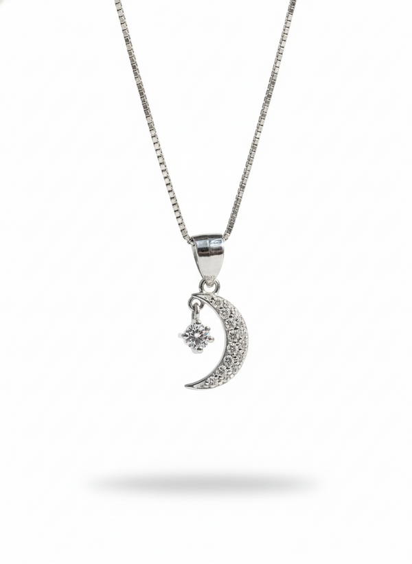 925 Sterling Silver Crescent Moon & Star Pendant Necklace