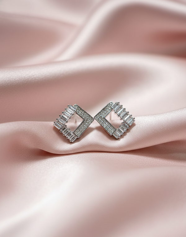 925 Sterling Silver Geometric Square Studs (Baguette & Pave)