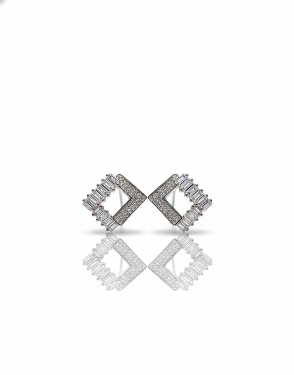 925 Sterling Silver Geometric Square Studs (Baguette & Pave)