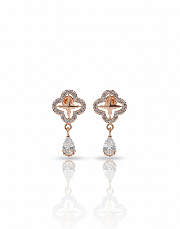 925 Silver Rose Gold Clover Drop Earrings with Pear Crystal