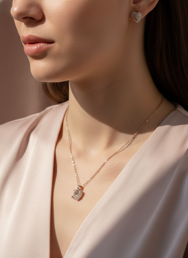 925 Sterling Silver Rose Gold Heart Tulip Necklace Set (Mother of Pearl)