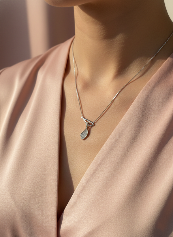 925 Sterling Silver Abstract Leaf Drop Pendant Necklace (Box Chain)