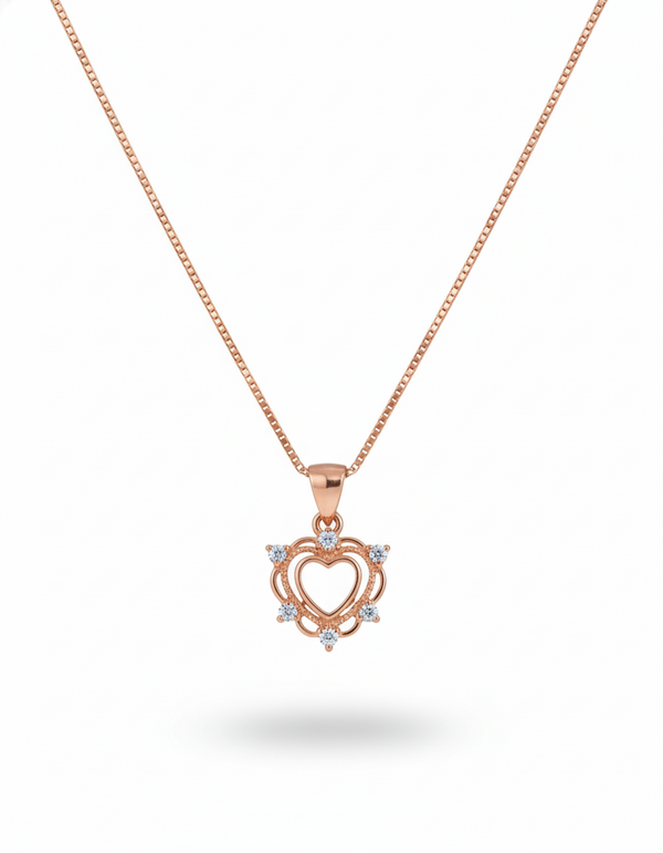 925 Sterling Silver Rose Gold Vintage Open Heart Necklace (Box Chain)