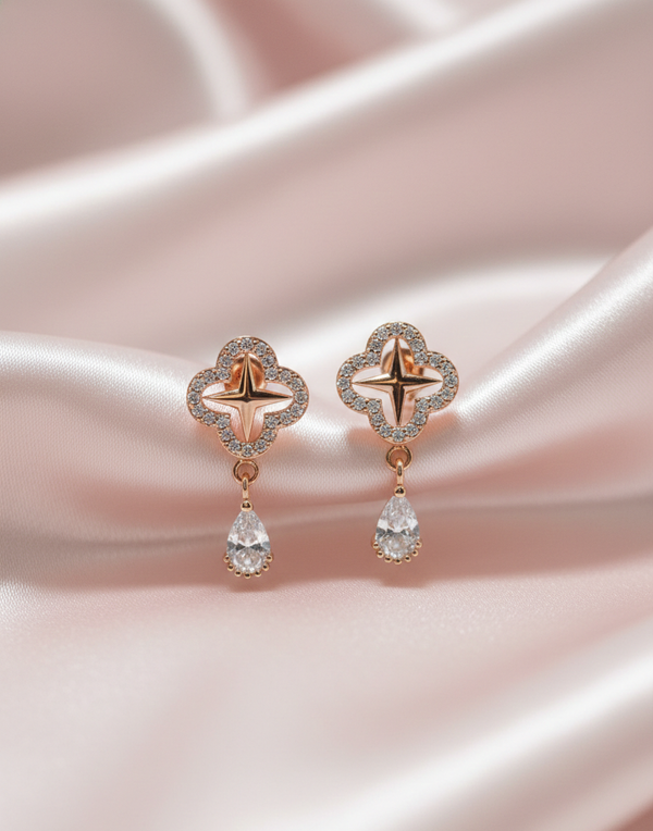 925 Silver Rose Gold Clover Drop Earrings with Pear Crystal