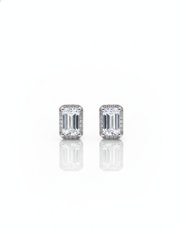 925 Sterling Silver Emerald Cut Halo Stud Earrings