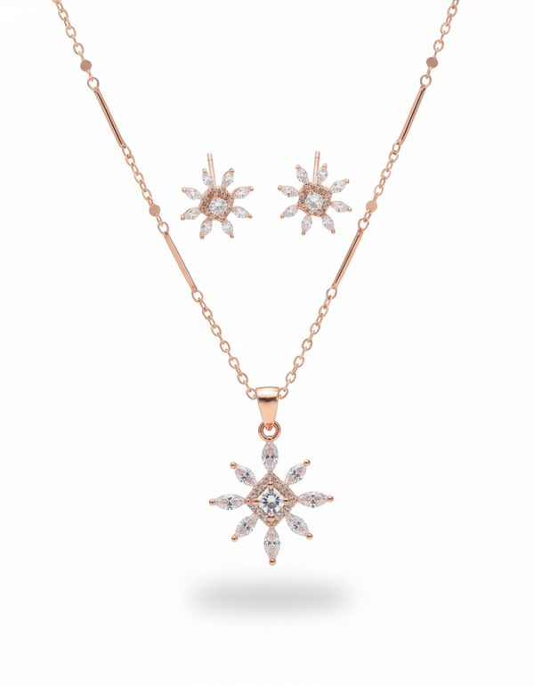 925 Sterling Silver Rose Gold Sunburst Pendant Set (Designer Chain)