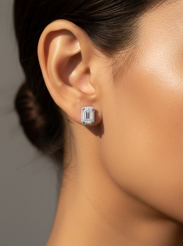 925 Sterling Silver Emerald Cut Halo Stud Earrings
