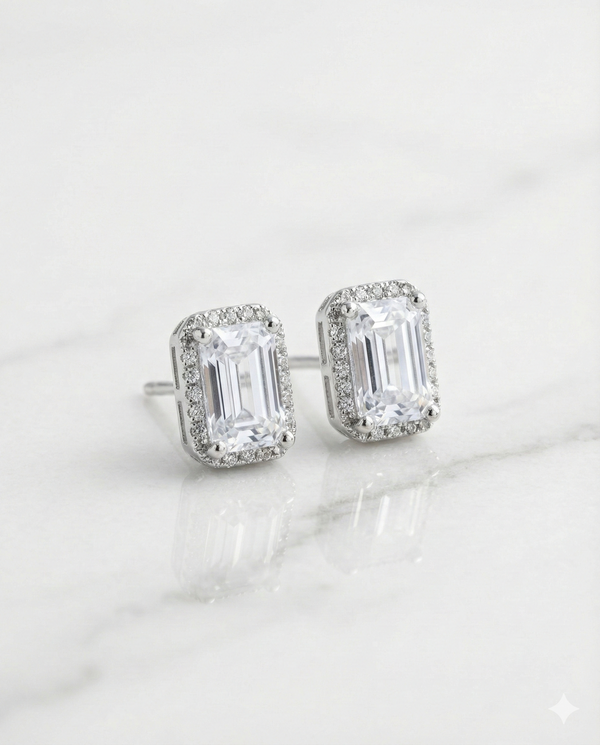 925 Sterling Silver Emerald Cut Halo Stud Earrings