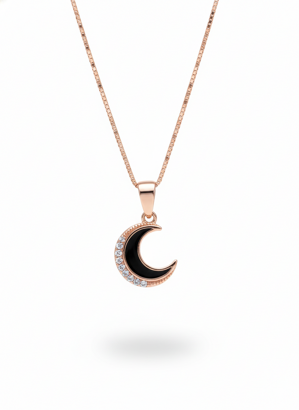 925 Sterling Silver Rose Gold Black Crescent Moon Necklace