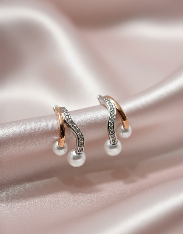 925 Silver Dual-Tone Wave Earrings with Pearl Drop