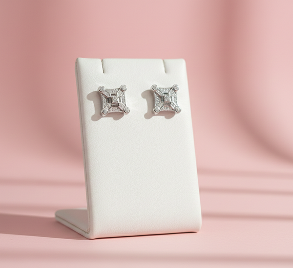 Majestic Rhodium-Plated Geometric Square Diamond Stud Earrings