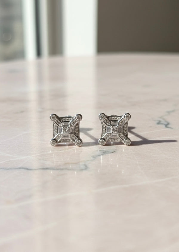 Majestic Rhodium-Plated Geometric Square Diamond Stud Earrings