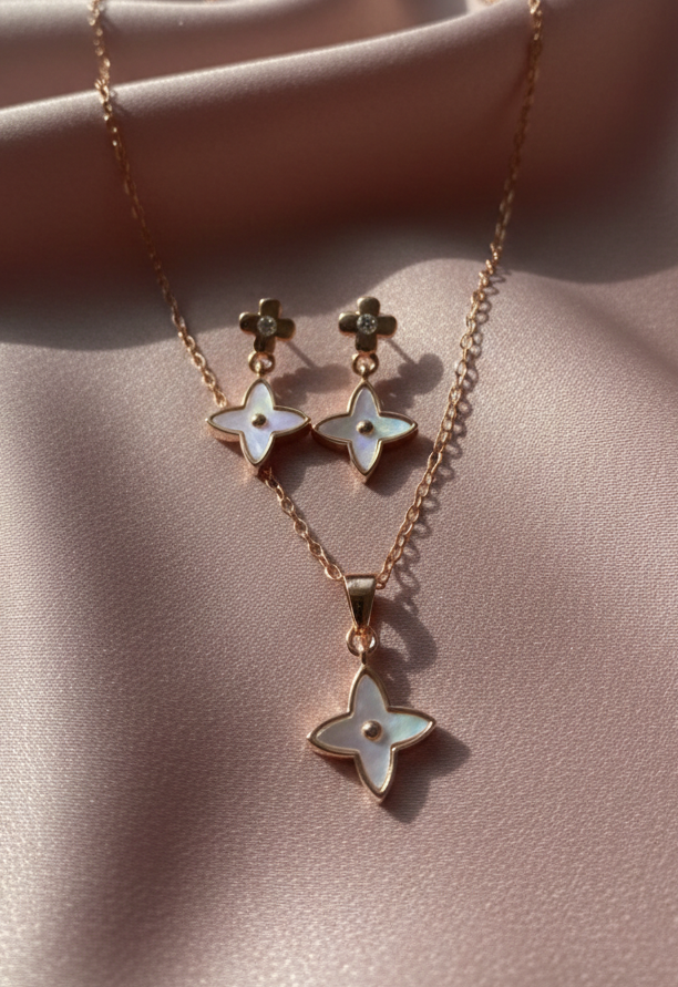 925 Sterling Silver Rose Gold Clover Necklace Set (Mother of Pearl)