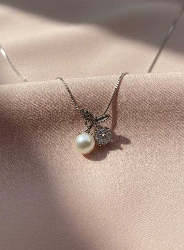 925 Sterling Silver Pearl & Crystal Cherry Pendant Necklace (Box Chain)