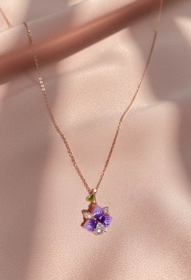 925 Sterling Silver Rose Gold Purple Flower Pendant Necklace