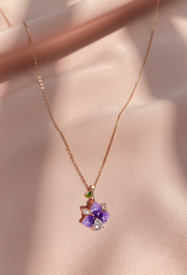925 Sterling Silver Rose Gold Purple Flower Pendant Necklace
