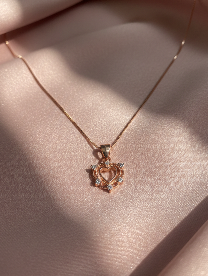 925 Sterling Silver Rose Gold Vintage Open Heart Necklace (Box Chain)
