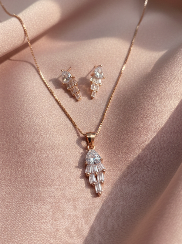 925 Sterling Silver Rose Gold Waterfall Pendant Set (Baguette & Pear Cut)