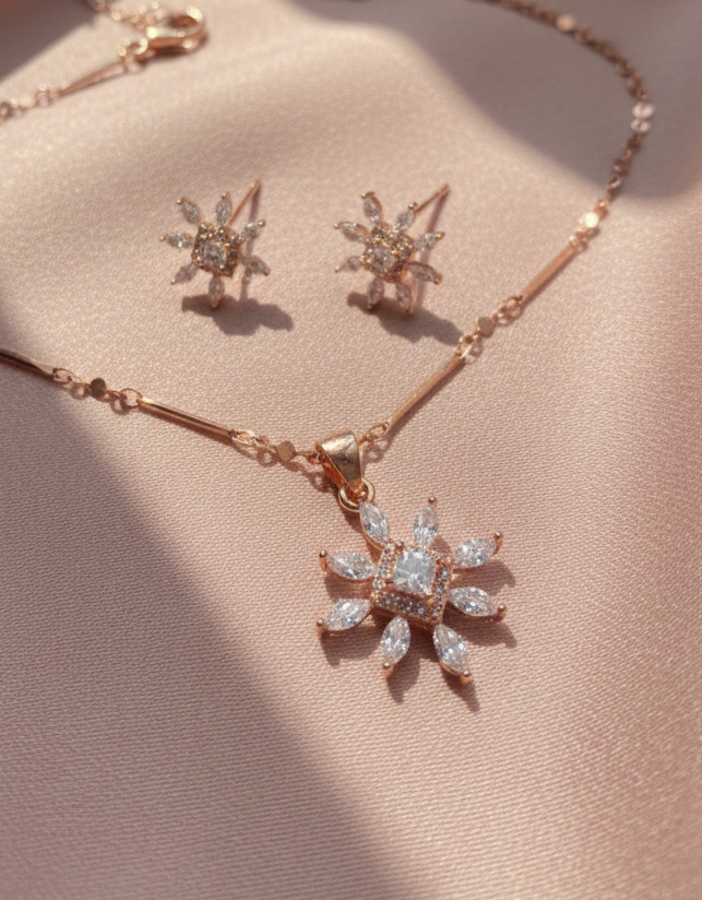 Rose gold necklace and earrings with diamond-like stones on a soft pink background