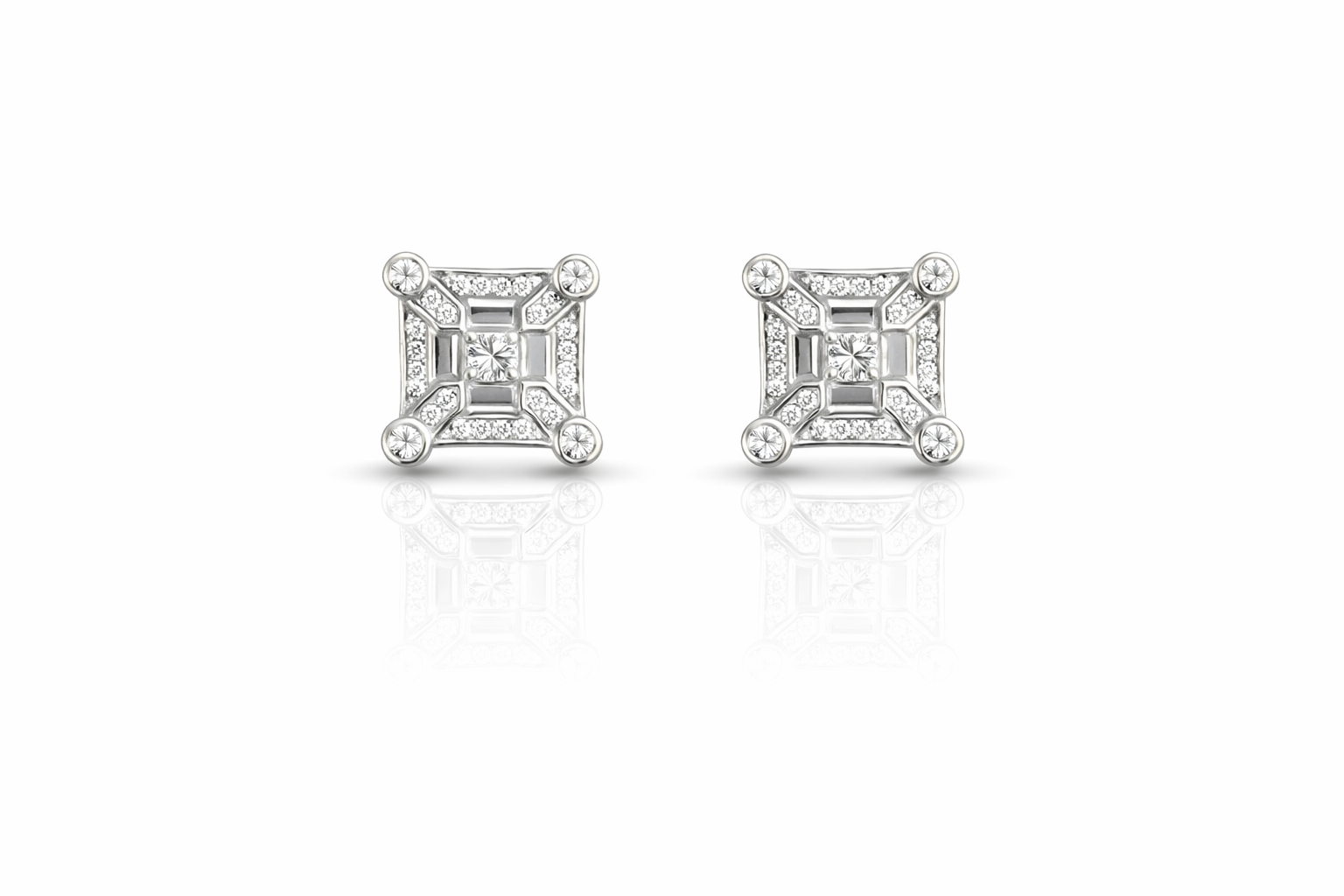 Majestic Rhodium-Plated Geometric Square Diamond Stud Earrings