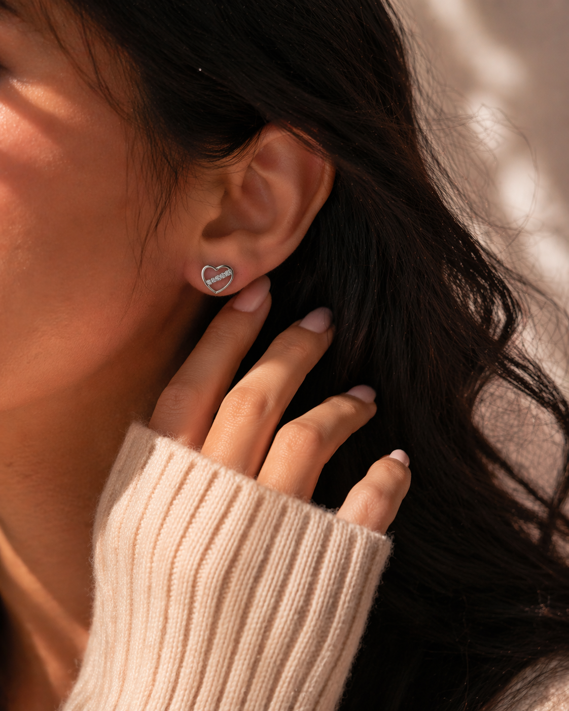 Modern Love Diagonal Sparkle Open Heart 925 Silver Stud Earrings