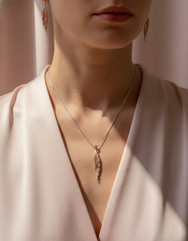 925 Sterling Silver & Rose Gold Leaf Pendant Set (Dual Tone Necklace)