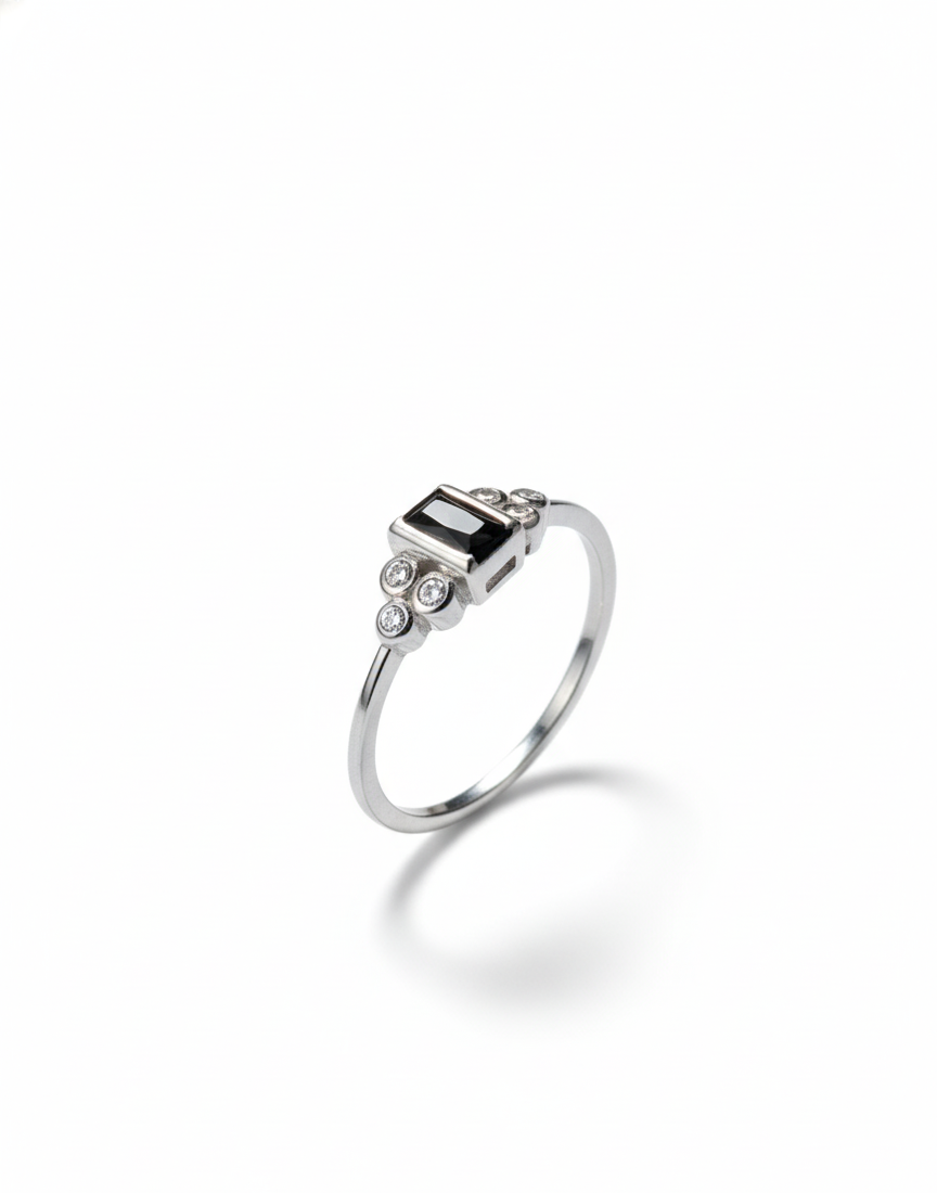 Midnight Elegance Black Onyx Baguette Ring in 925 Sterling Silver