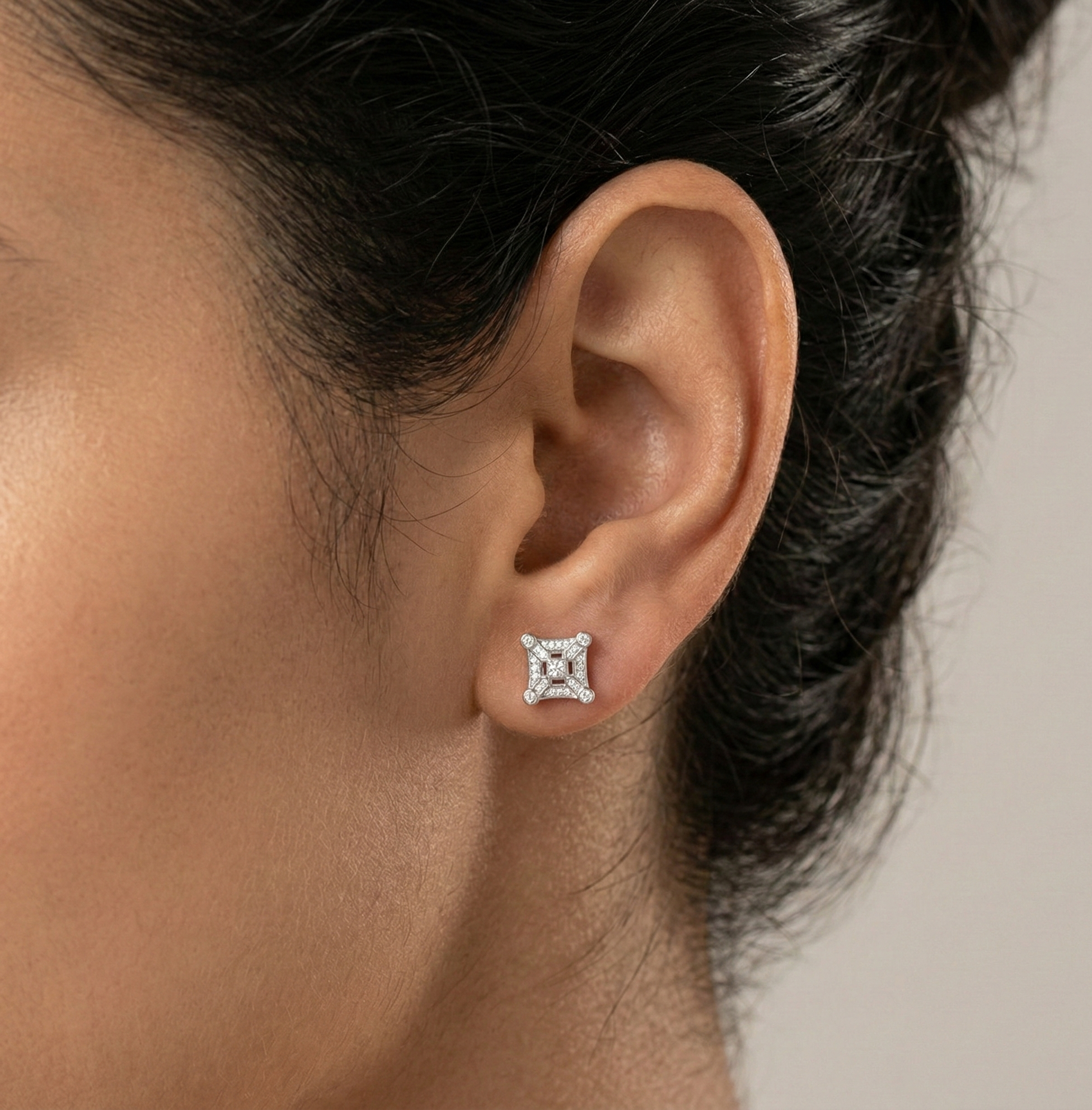 Majestic Rhodium-Plated Geometric Square Diamond Stud Earrings