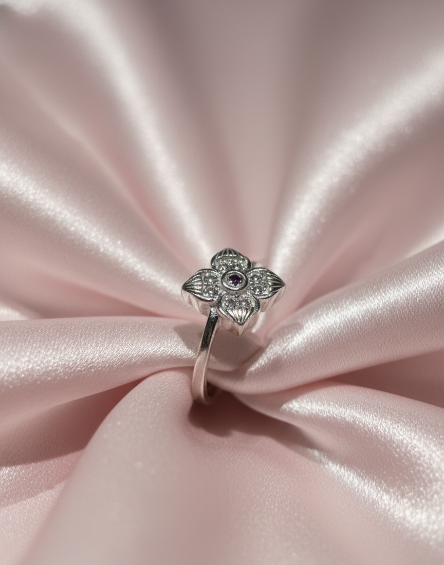 Arna's Silver – Enchanted Four-Petal Blossom Ring with Ruby Center
