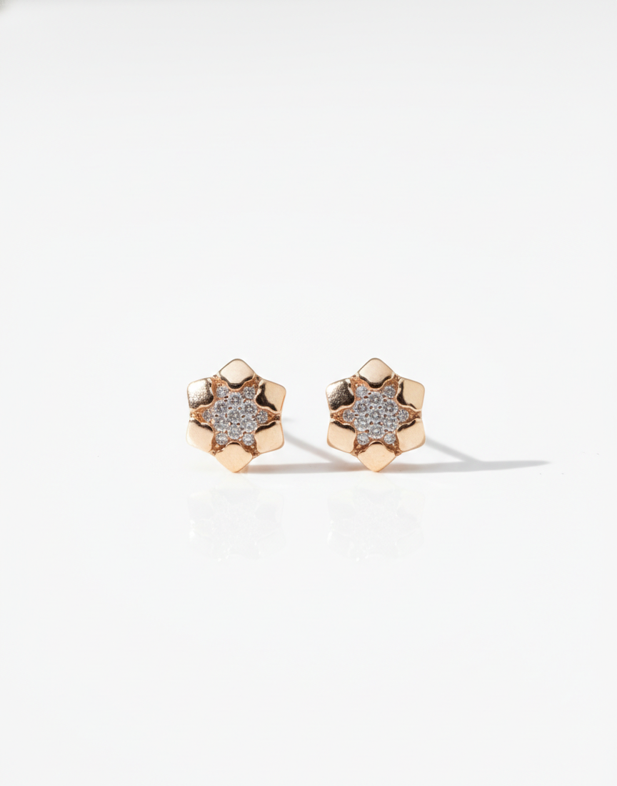 925 Sterling Silver Rose Gold Hexagon Flower Stud Earrings