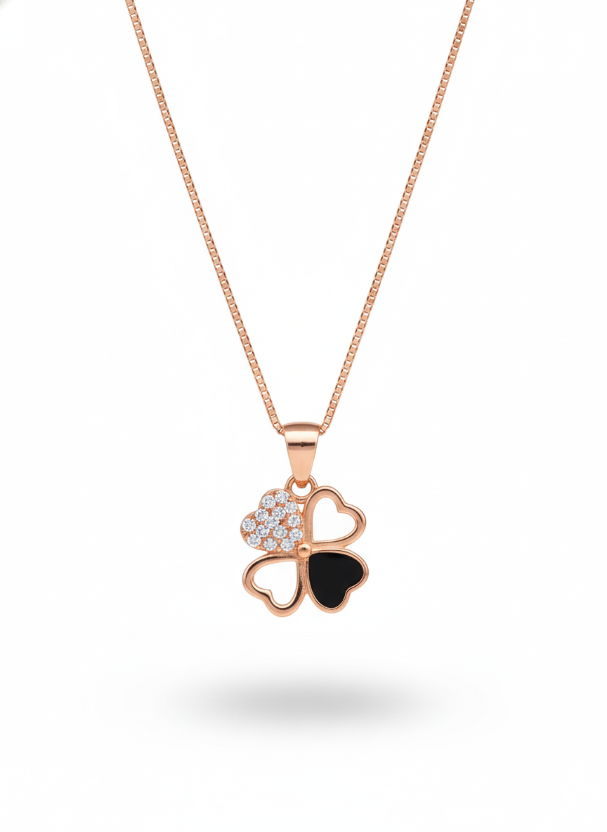925 Sterling Silver Rose Gold Lucky Clover Heart Necklace (Black Onyx)