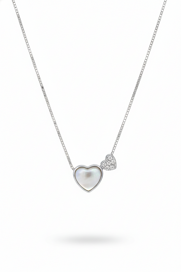 925 Sterling Silver Double Heart Pendant Necklace (Mother of Pearl)