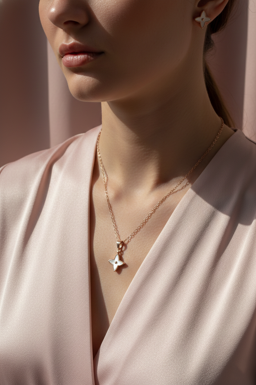 925 Sterling Silver Rose Gold Clover Necklace Set (Mother of Pearl)
