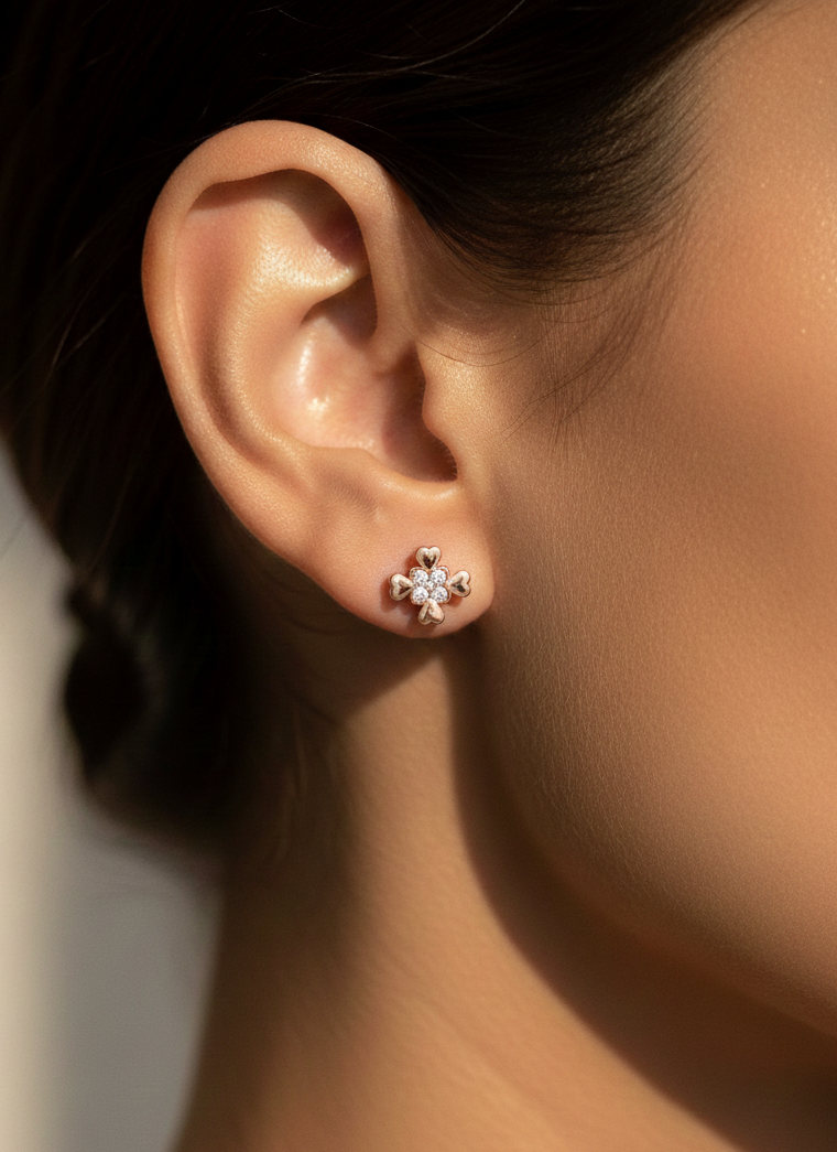 925 Sterling Silver Rose Gold Heart Clover Stud Earrings