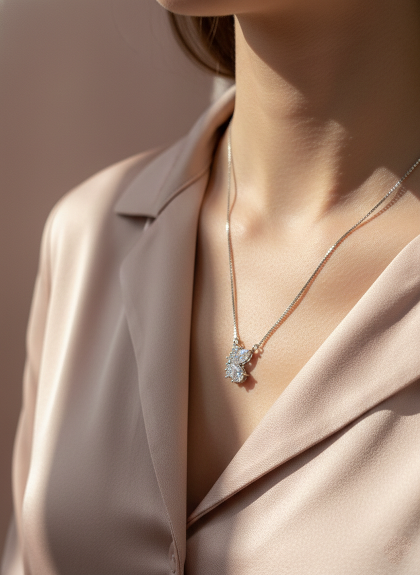 925 Sterling Silver Marquise Butterfly Pendant Necklace (Box Chain)