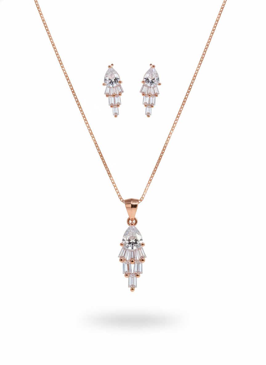 925 Sterling Silver Rose Gold Waterfall Pendant Set (Baguette & Pear Cut)