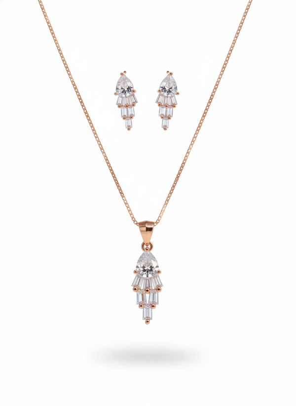 925 Sterling Silver Rose Gold Waterfall Pendant Set (Baguette & Pear Cut)