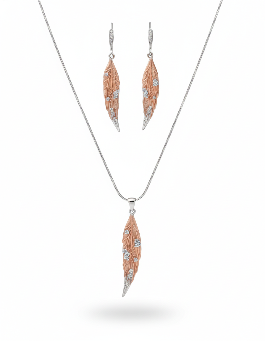 925 Sterling Silver & Rose Gold Leaf Pendant Set (Dual Tone Necklace)