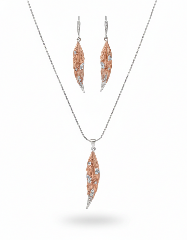 925 Sterling Silver & Rose Gold Leaf Pendant Set (Dual Tone Necklace)