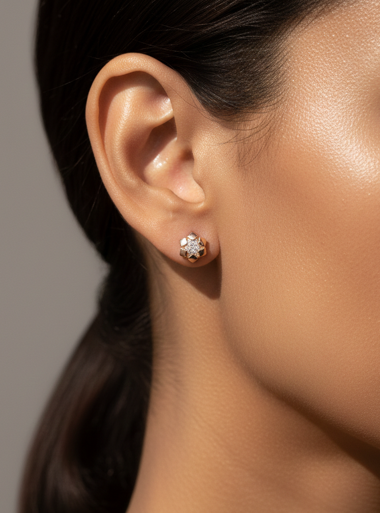 925 Sterling Silver Rose Gold Hexagon Flower Stud Earrings